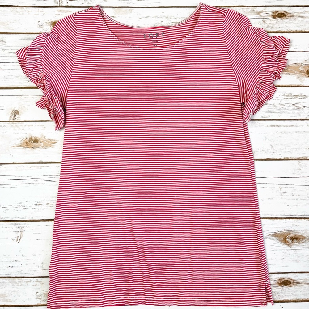 Loft Red White Striped Ruffle Sleeve Tee Shirt Size XS Extra Small